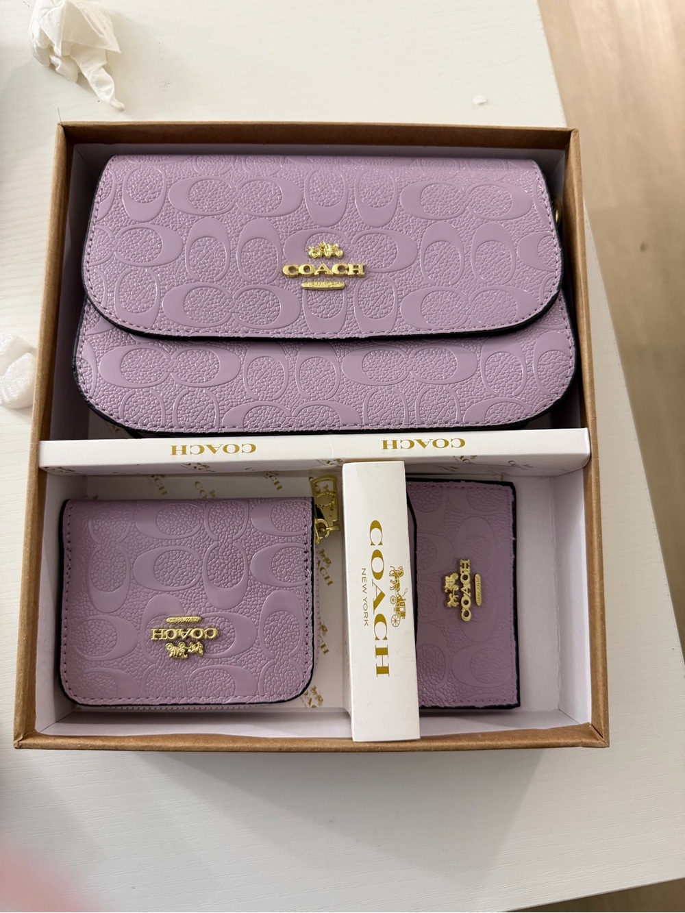 Coach Lilac Embossed Signature Crossbody Wallet Set